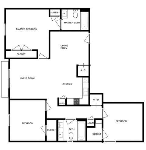 Floor plan for 3 beds, 2 baths, 1292 sqft
